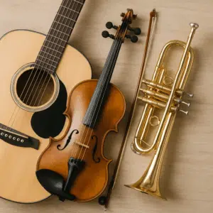 Foto af guitar, violin og trompet til inspiration til musikinstrument-krydsord og løsningsord