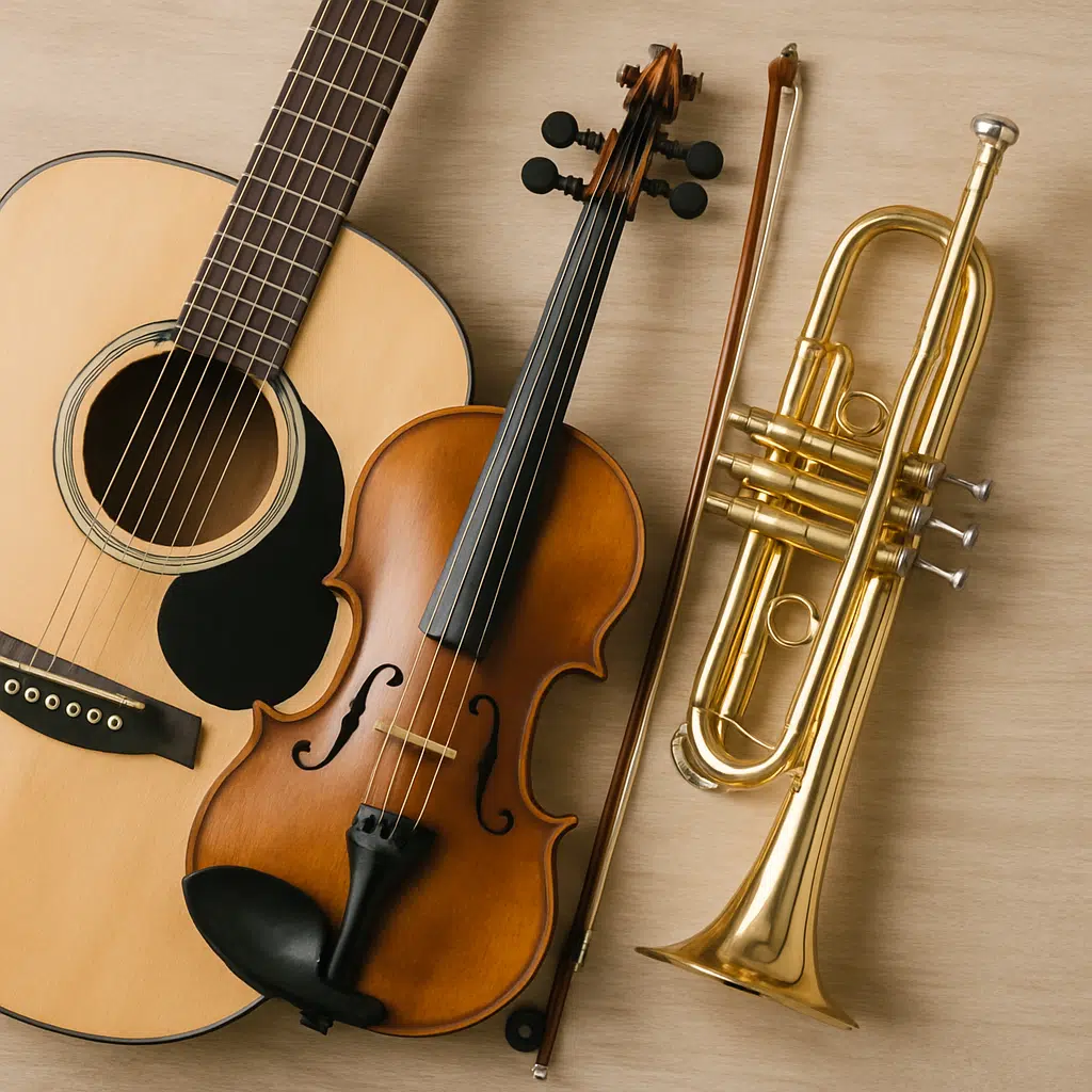 Foto af guitar, violin og trompet til inspiration til musikinstrument-krydsord og løsningsord