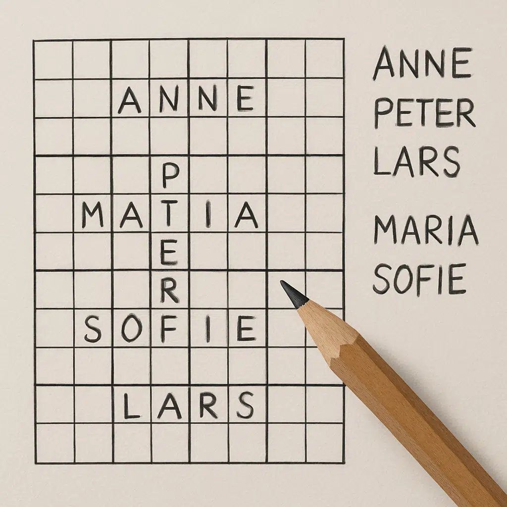 Åbent krydsord om navne med blyant og løsningsforslag, der hjælper med at finde alle navne