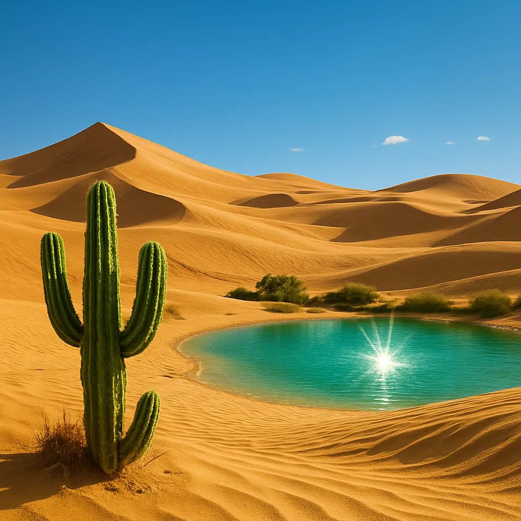 Ørkenlandskab med gyldne sandklitter, grøn kaktus og en glimtende oase mod klarblå himmel
