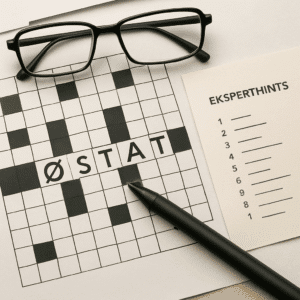 Krydsord med ordet østat i fokus, pen, briller og et ark med eksperthints ved siden af