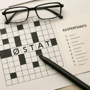 Krydsord med ordet østat i fokus, pen, briller og et ark med eksperthints ved siden af