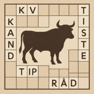 Illustration af krydsord med OKSE fremhævet ved oksesilhuet, omgivet af synonymer, tips og løsningsforslag.