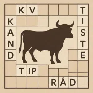 Illustration af krydsord med OKSE fremhævet ved oksesilhuet, omgivet af synonymer, tips og løsningsforslag.