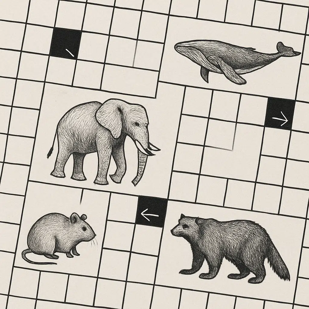 Nærbillede af en pattedyr-krydsord med tomme felter, svære dyrenavne og løsningstips.