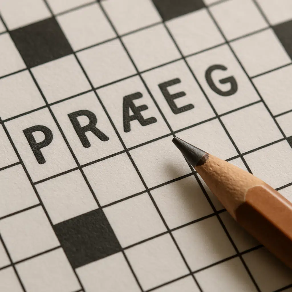 Nærbillede af krydsord med ordet ’præg’ fremhævet og blyant klar til løsninger og synonymer