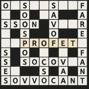 Krydsordsgitter med ordet 'profet' fremhævet, omgivet af forslag til synonymer og løsninger