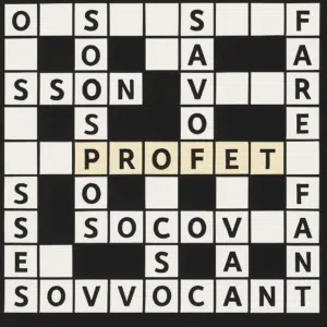 Krydsordsgitter med ordet 'profet' fremhævet, omgivet af forslag til synonymer og løsninger
