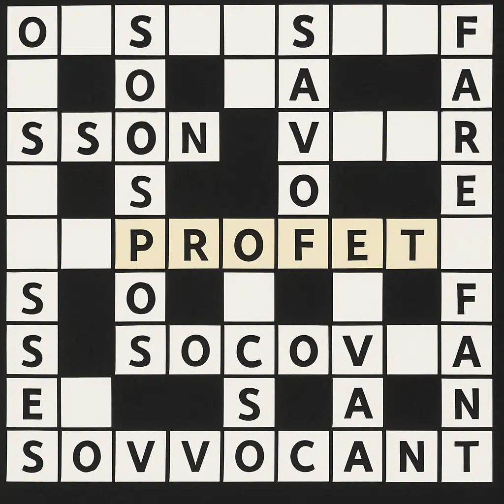 Krydsordsgitter med ordet 'profet' fremhævet, omgivet af forslag til synonymer og løsninger