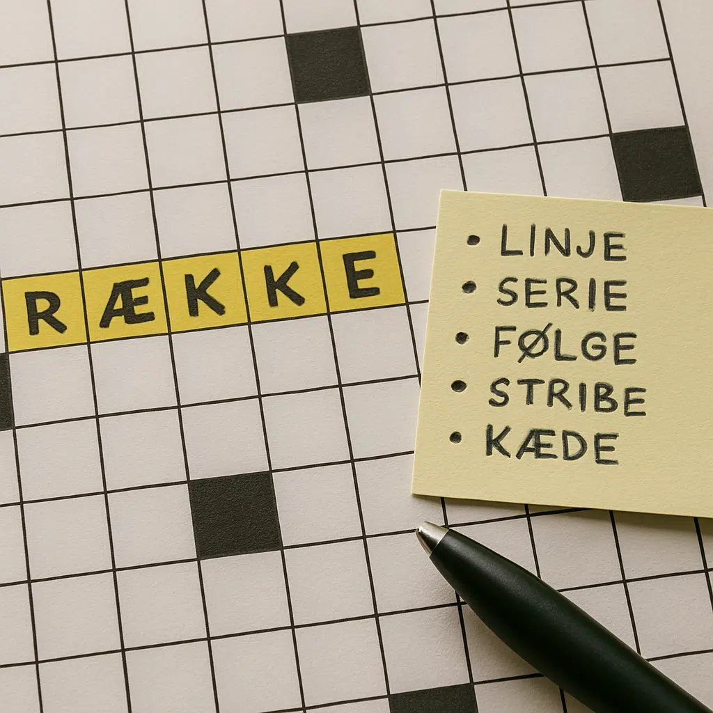 Nærbillede af krydsord med ordet række fremhævet og noter med synonymer til løsning.