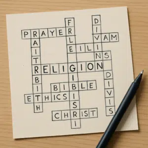 Religion krydsord med religiøse termer og løsningsord skrevet med pen på papir