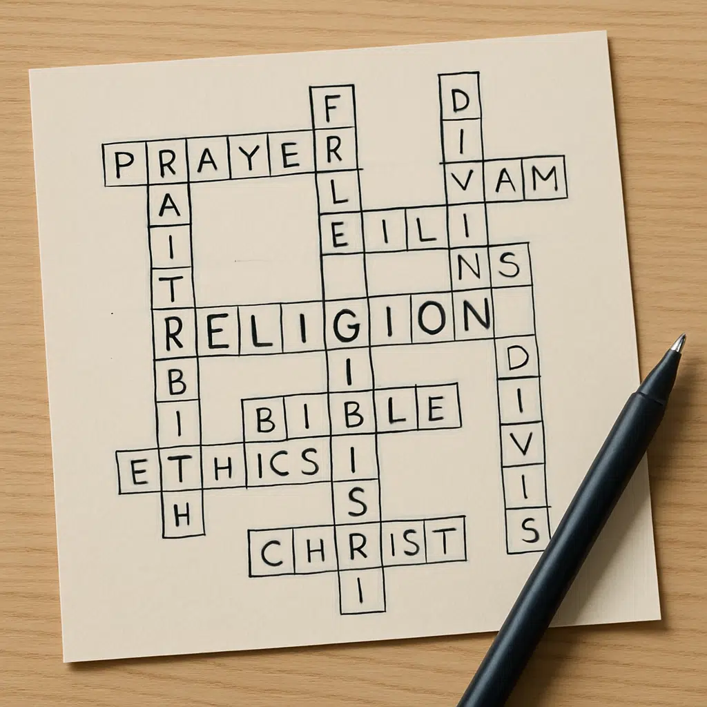 Religion krydsord med religiøse termer og løsningsord skrevet med pen på papir