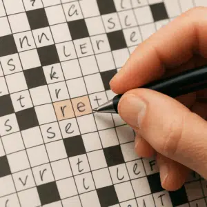 Hånd med pen løser krydsord, ordet "ret" er fremhævet, omgivet af synonymer og forklaringer