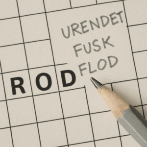 Nærbillede af dansk krydsord med ordet ’rod’ fremhævet og mulige synonymer skrevet med blyant.