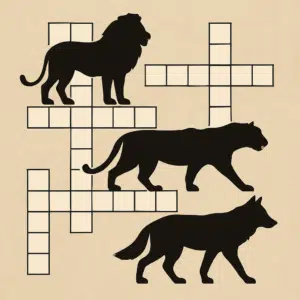 Illustration af krydsord med silhuetter af vilde rovdyr som løve, tiger og ulv