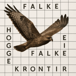 Rovfugl i flugt over udfyldt krydsord med navne på ørne, falke og høge