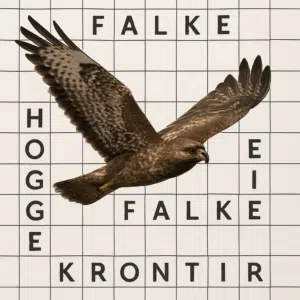 Rovfugl i flugt over udfyldt krydsord med navne på ørne, falke og høge