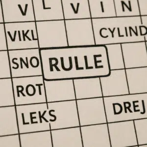 Nærbillede af krydsord med ordet “rulle” indrammet, omgivet af mulige synonymer og løsningsforslag