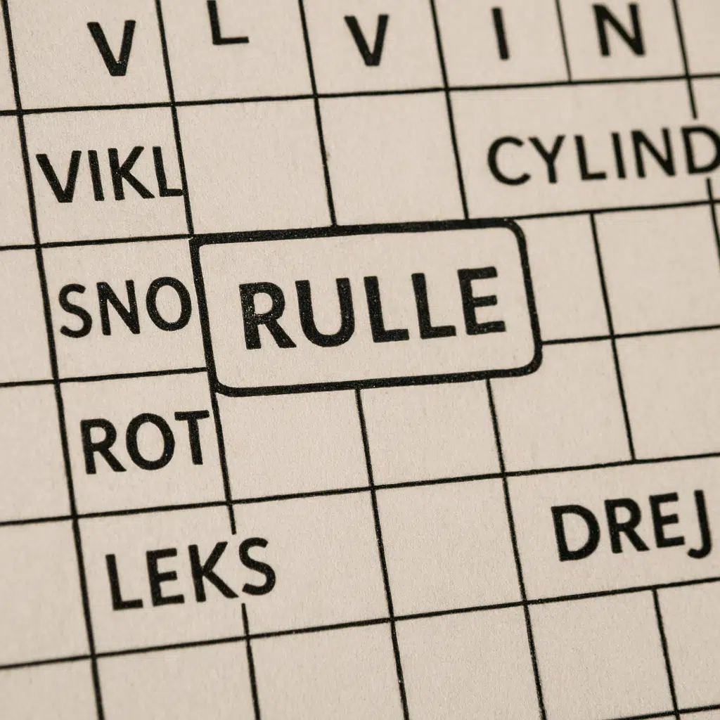 Nærbillede af krydsord med ordet “rulle” indrammet, omgivet af mulige synonymer og løsningsforslag