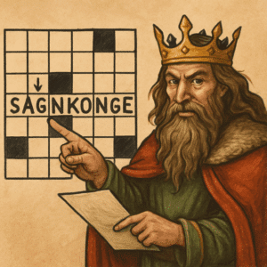 Mytisk konge med krone peger på et krydsord med ordet ’sagnkonge’ og symboliserer løsningsord og tips