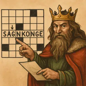Mytisk konge med krone peger på et krydsord med ordet ’sagnkonge’ og symboliserer løsningsord og tips