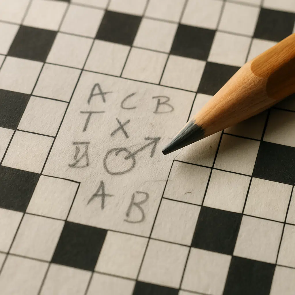 Nærbillede af krydsord med hemmelige noter og blyant, der symboliserer snyd og lynhurtige løsninger
