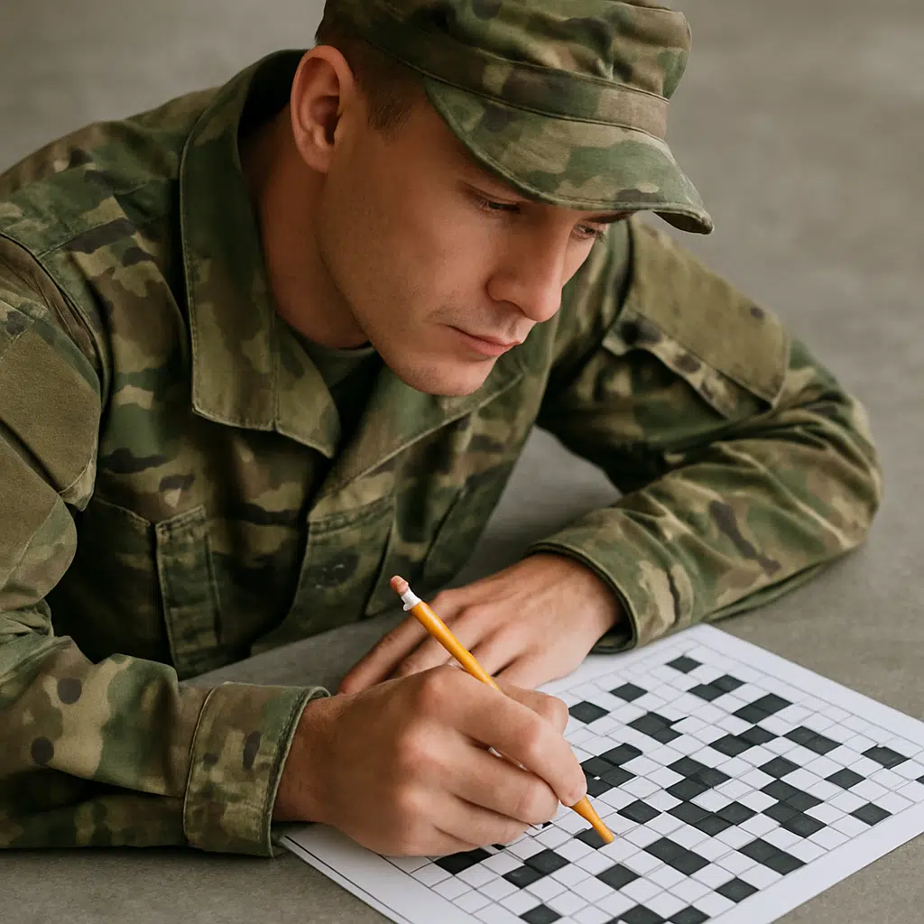 Soldat i feltuniform over et krydsord med blyant – hjælper med militære synonymer og løsningsforslag