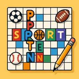 Åben krydsordsplade med sportstema: farverige bogstaver, bold-ikoner og blyant klar til at løse sportsord