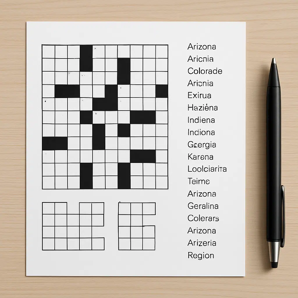 Papir med Stat-krydsord og liste over lande- og regionsnavne som løsningsord ved siden af pen