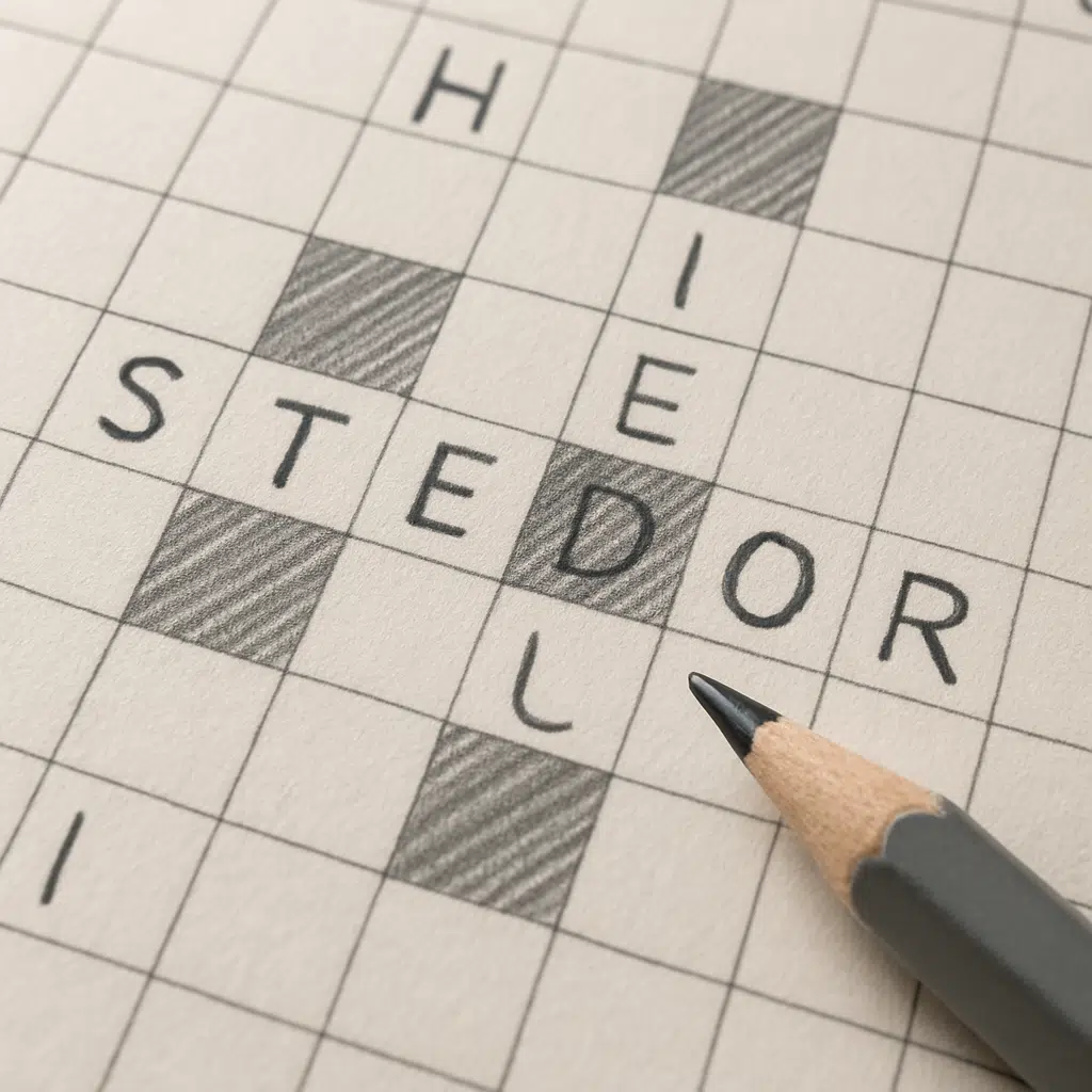 Nærbillede af håndskrevet krydsord med stedord fremhævet med blyant