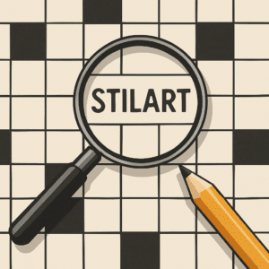 Illustration af krydsord, hvor ordet stilart er fremhævet med blyant og lup som hjælp til løsningsforslag