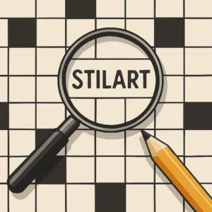 Illustration af krydsord, hvor ordet stilart er fremhævet med blyant og lup som hjælp til løsningsforslag