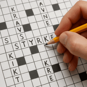 En hånd holder en blyant over et krydsord med ordet "styrke", omgivet af synonymer og løsningsforslag