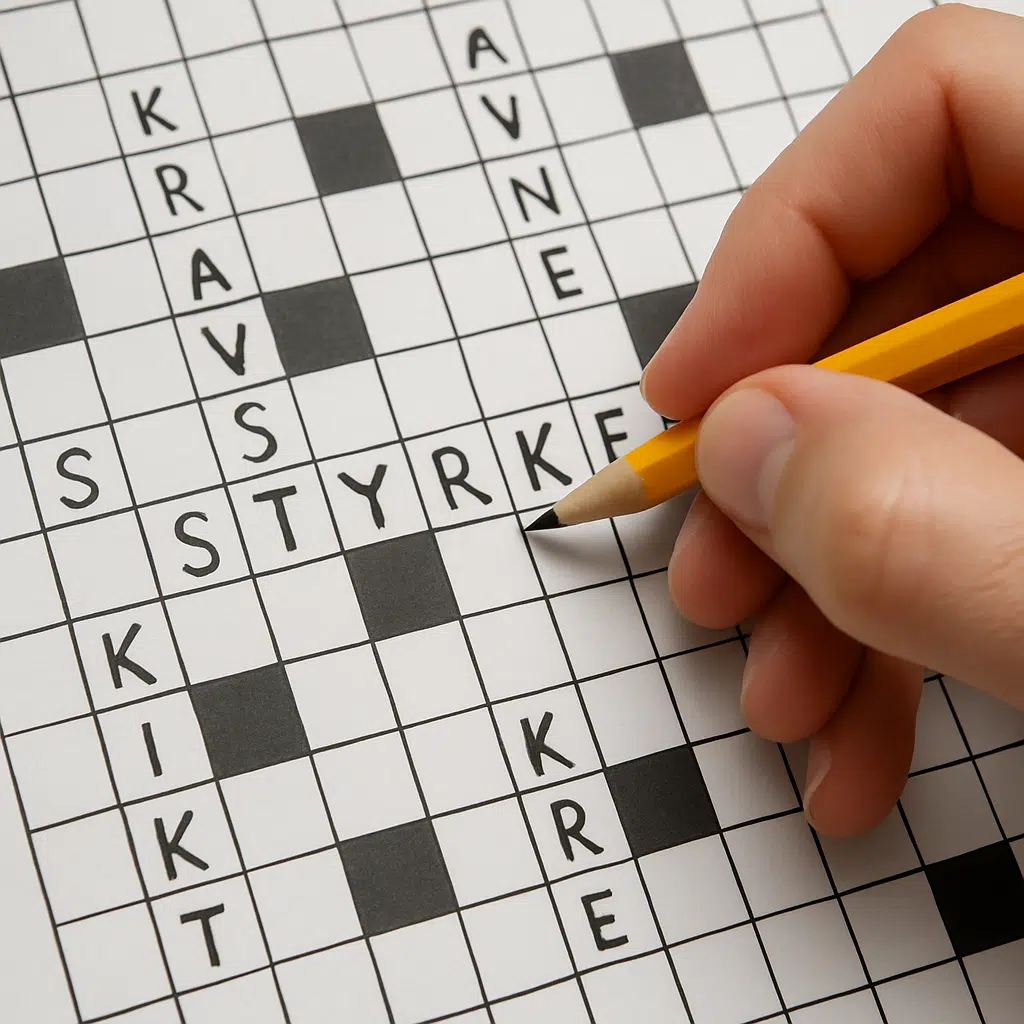 En hånd holder en blyant over et krydsord med ordet "styrke", omgivet af synonymer og løsningsforslag