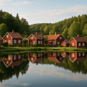 Idyllisk svensk by med traditionelle røde træhuse langs stille sø omgivet af grøn skov