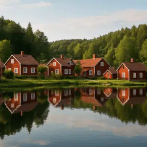 Idyllisk svensk by med traditionelle røde træhuse langs stille sø omgivet af grøn skov