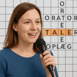 Kvinde med mikrofon over krydsordsrude, hvor ordet ‘taler’ er fremhævet med synonymer og løsningsforslag