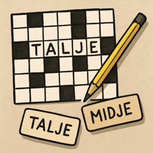 Illustration af talje med krydsord, blyant og synonymer – viser løsningen på midje-gåden