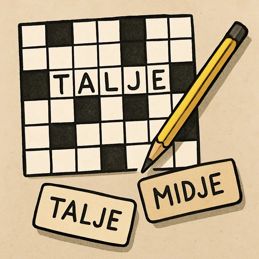 Illustration af talje med krydsord, blyant og synonymer – viser løsningen på midje-gåden