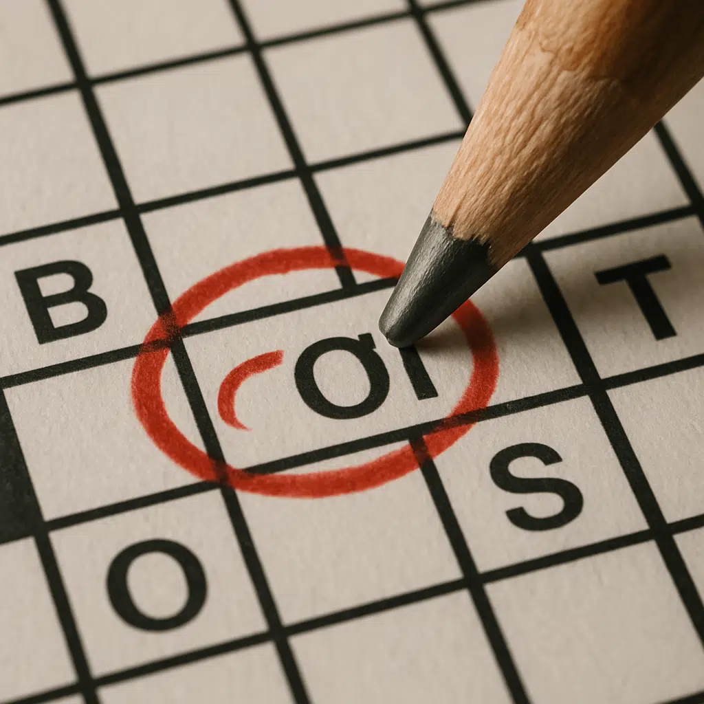 Nærbillede af blyant, der cirkler ordet ’tør’ i et krydsord