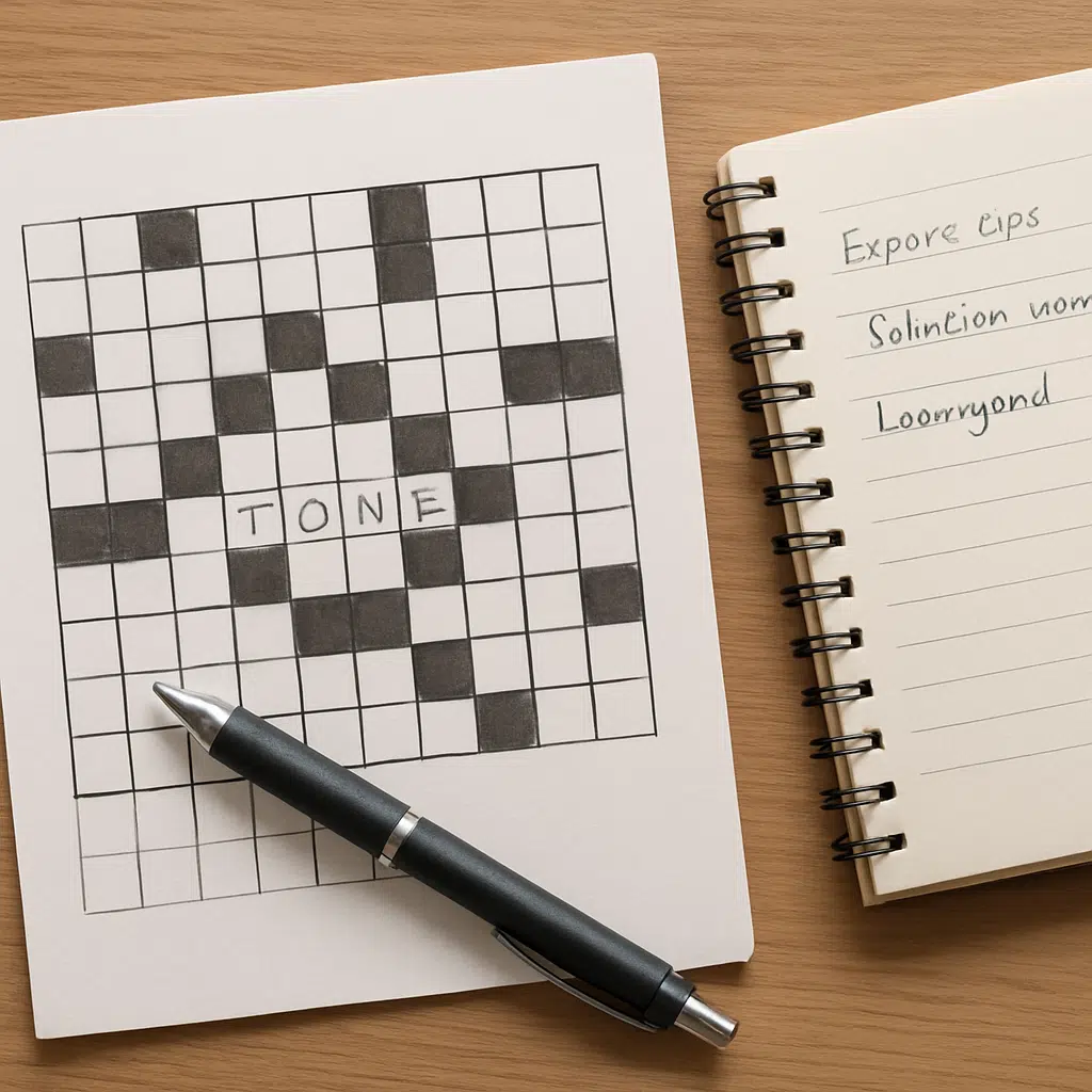 Halvudfyldt Tone krydsord med pen og notesbog til eksperttips og løsningsord.