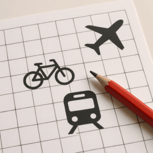 Krydsord med ikoner af transportmidler som cykel, tog og fly – hjælp til at løse transportmiddel-ledetråde