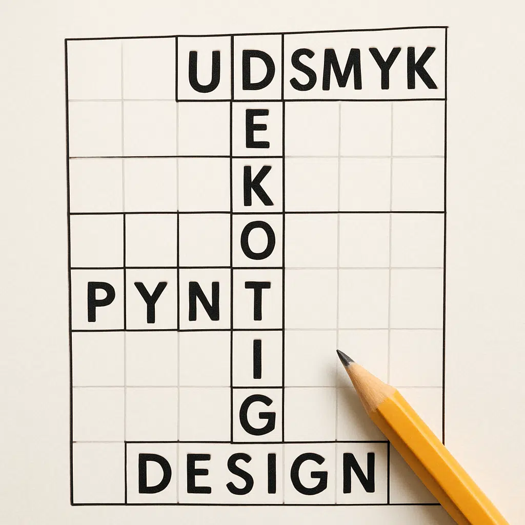 Krydsord med temaet udsmykning omgivet af farverige mønstre og blyant, klar til at inspirere kreative løsningsord