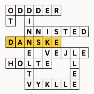 Billede af krydsord med danske byer på 5 bogstaver med fremhævede felter og løsningsforslag