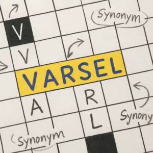 Nærbillede af krydsord med 'varsel', markerede løsninger, håndskrevne tips og synonymer
