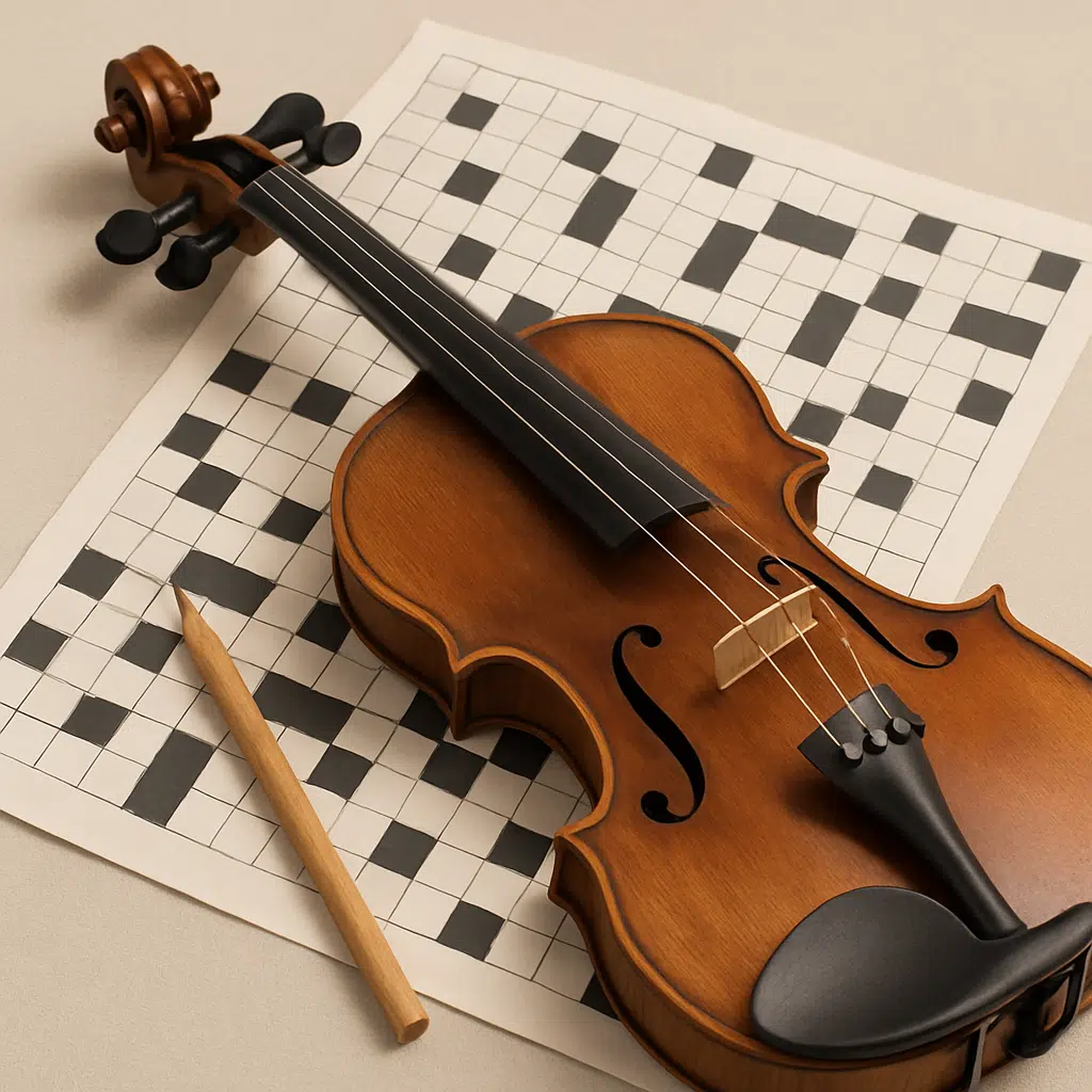 Klassisk træviolin hviler på krydsordsark med blyant