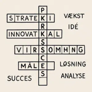 Illustration af krydsord med ordet virksomhed, omgivet af forretningsudtryk, synonymer og løsningsforslag