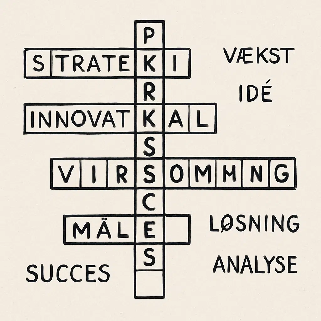 Illustration af krydsord med ordet virksomhed, omgivet af forretningsudtryk, synonymer og løsningsforslag